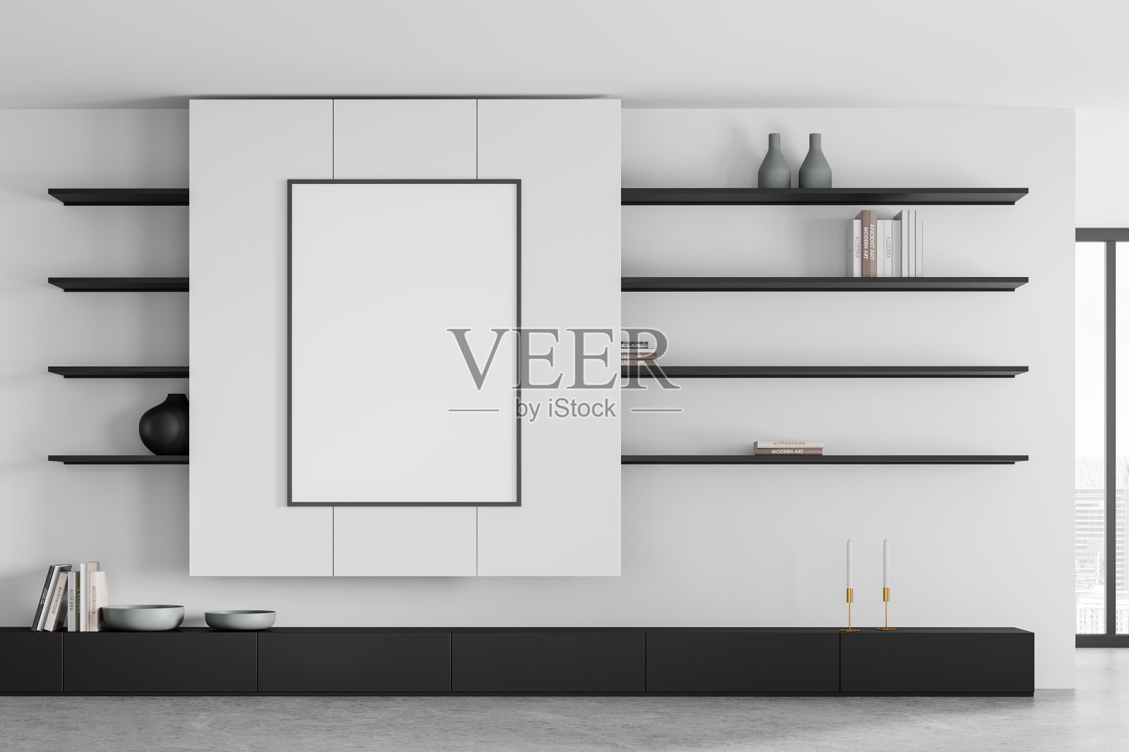 现代客厅内部有架子和装饰，模型框架照片摄影图片