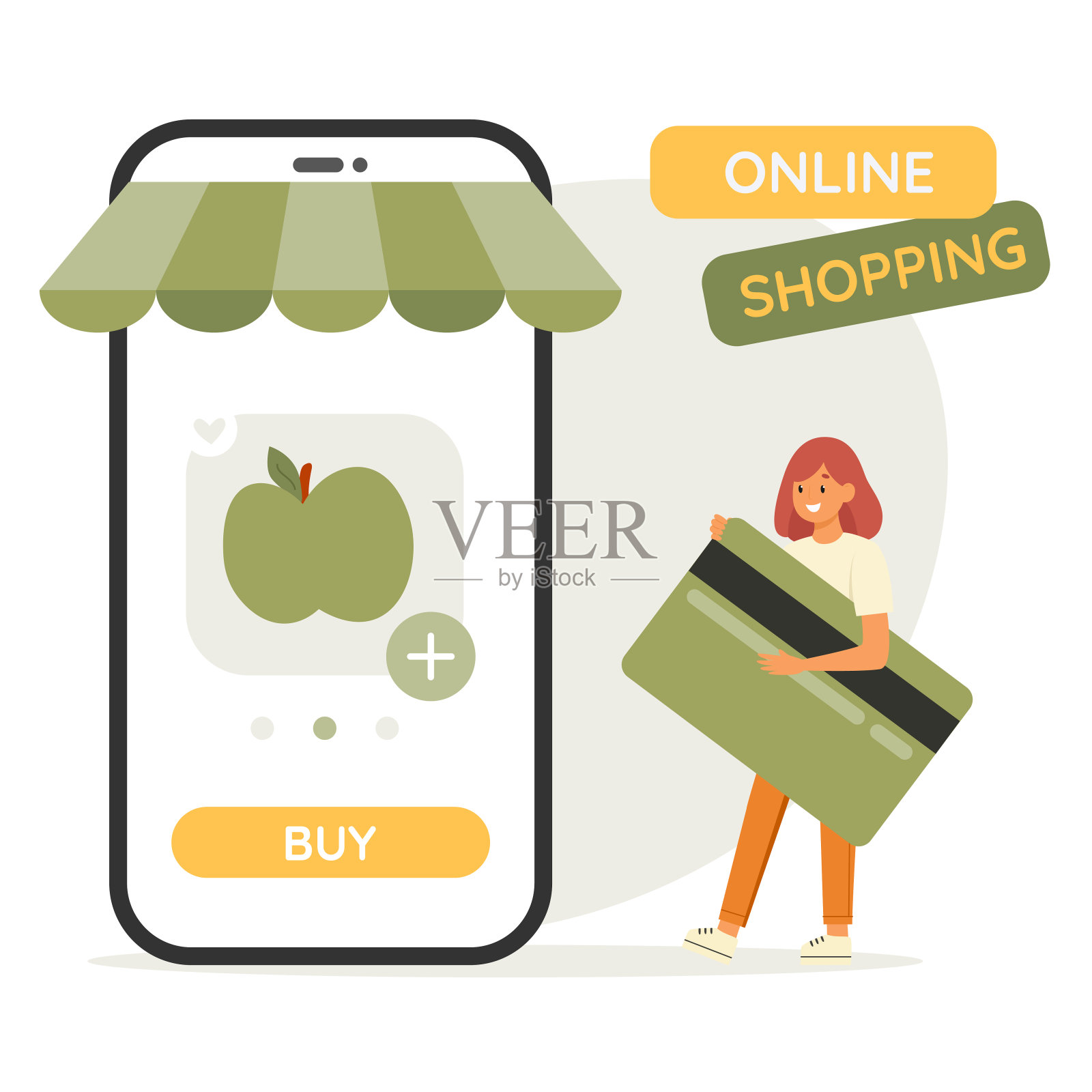 女人拿着巨大的银行卡。网上购物的概念。杂货店。平面矢量图插画图片素材