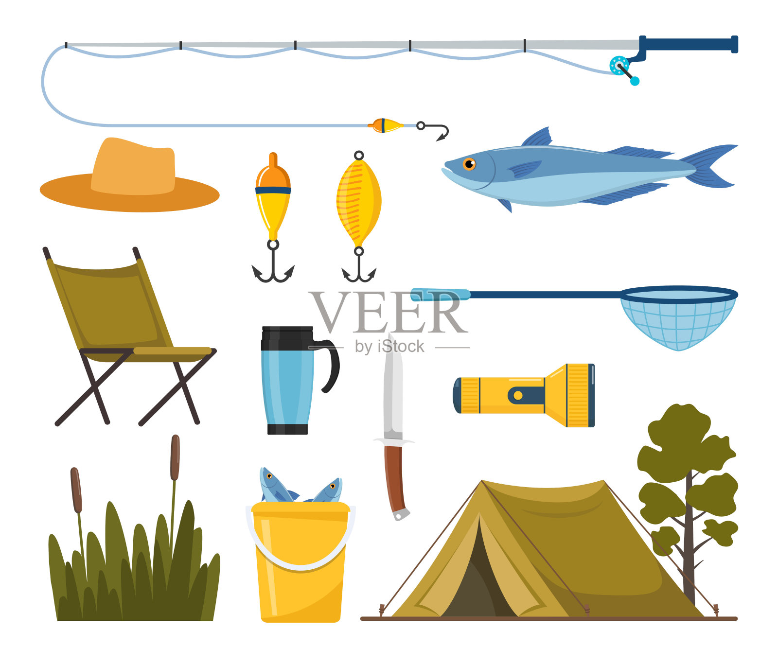 捕鱼用设备和工具。鱼竿、浮子、充气橡皮艇、登陆网、渔民衣服、鱼钩、鱼、帽子、手电筒、靴子。户外活动、娱乐、爱好。矢量插图。插画图片素材