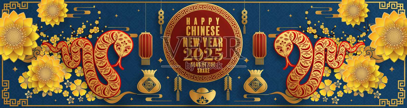 快乐的中国新年2025蛇生肖与花，灯笼，图案，云亚洲元素红色，金色剪纸风格的彩色背景。(意思是:2025年蛇年新年快乐)插画图片素材