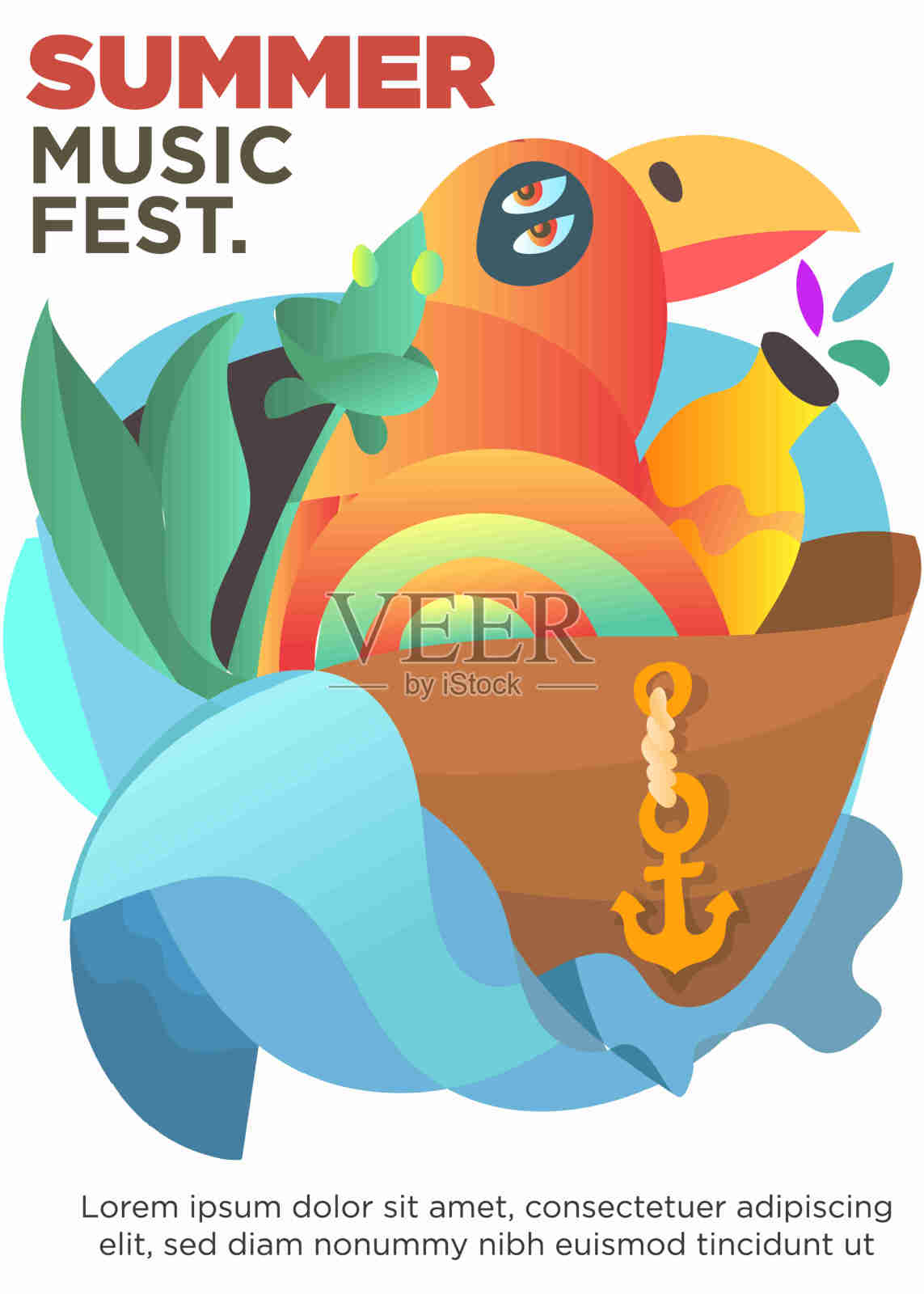 海上船只的声音。抽象的鸟类和丛林。夏季音乐节模板海报矢量插图插画图片素材