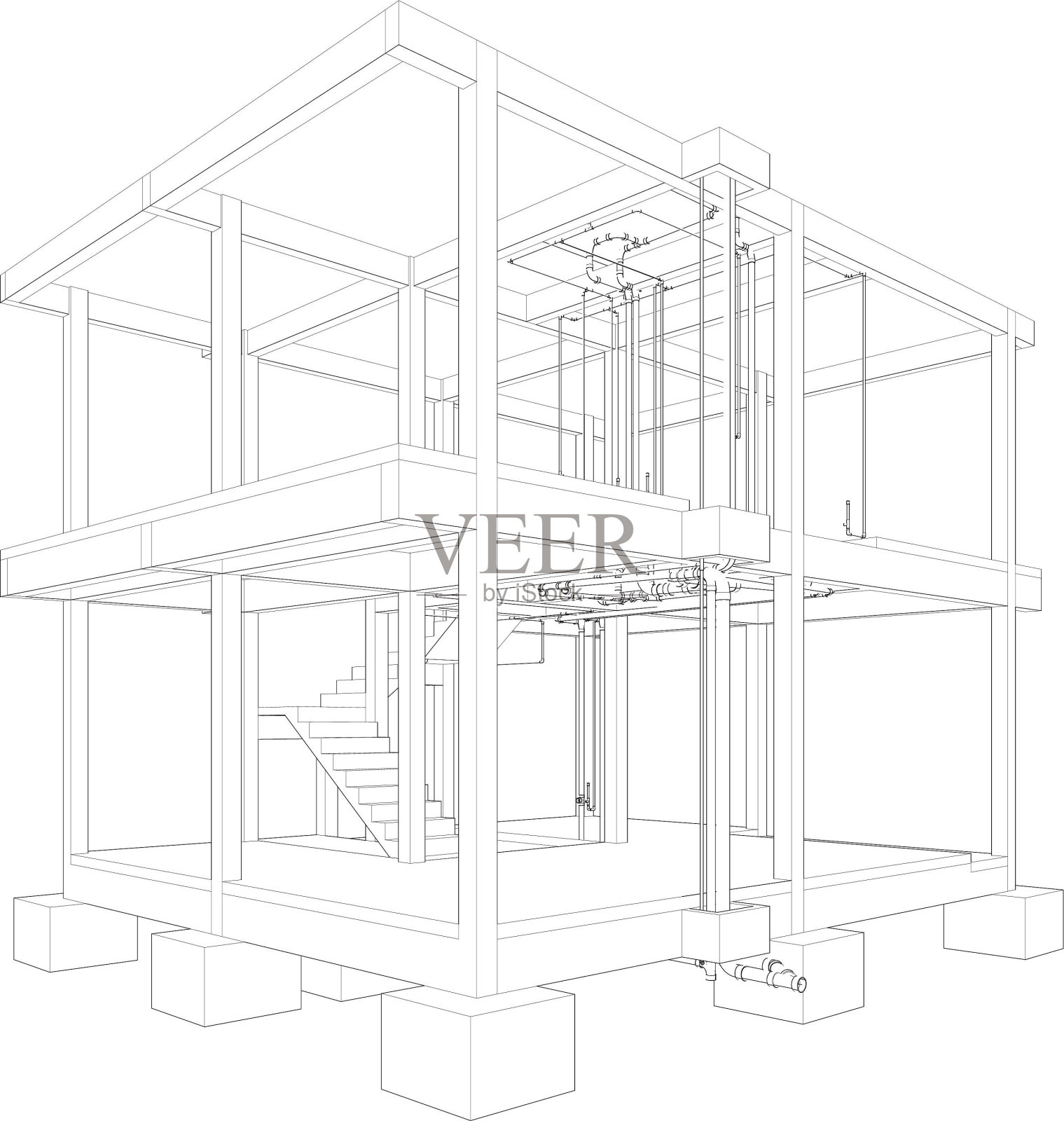 建筑物，结构和管道的3D插图照片摄影图片