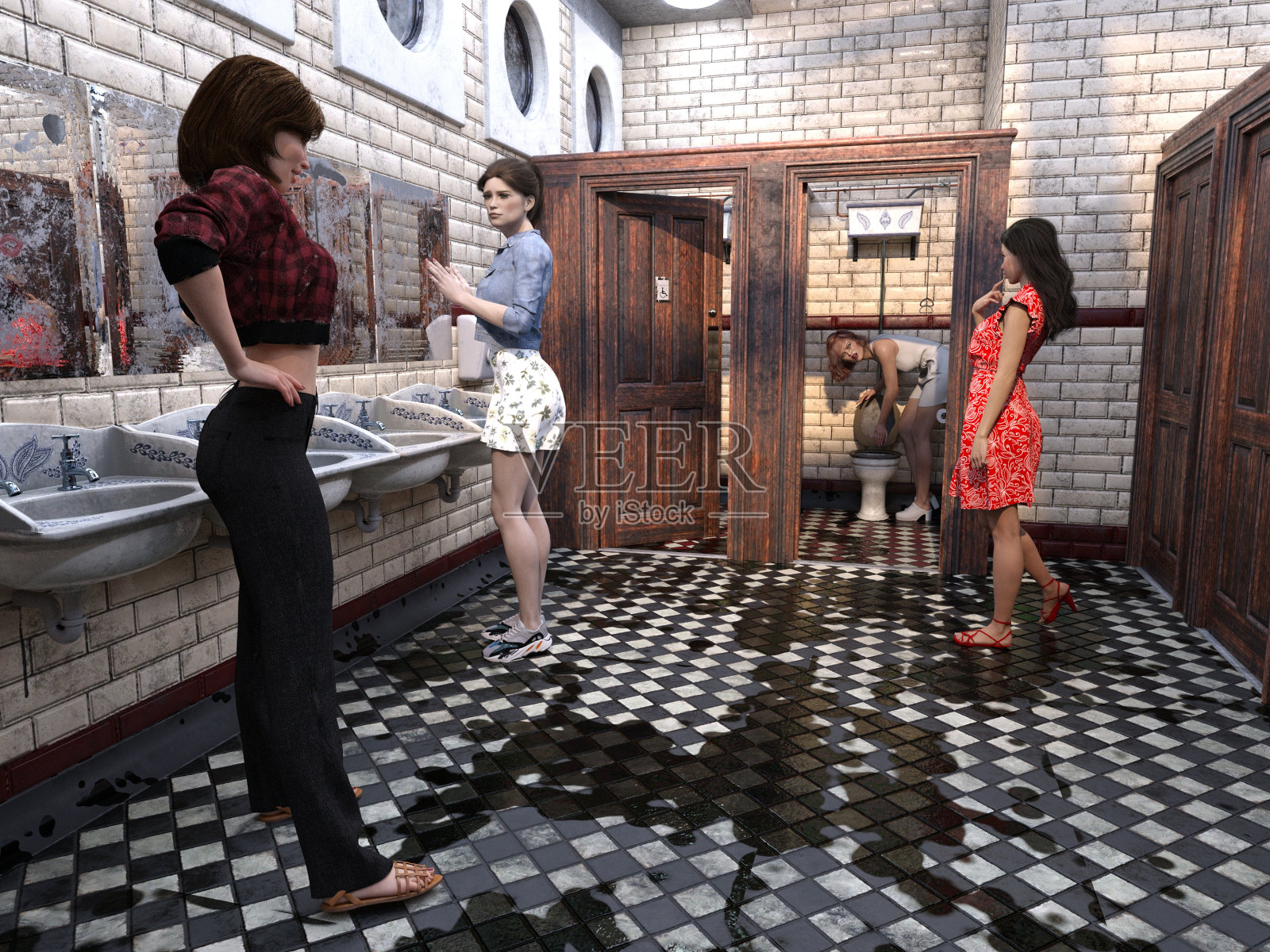 女士们对肮脏的伦敦厕所不满意照片摄影图片