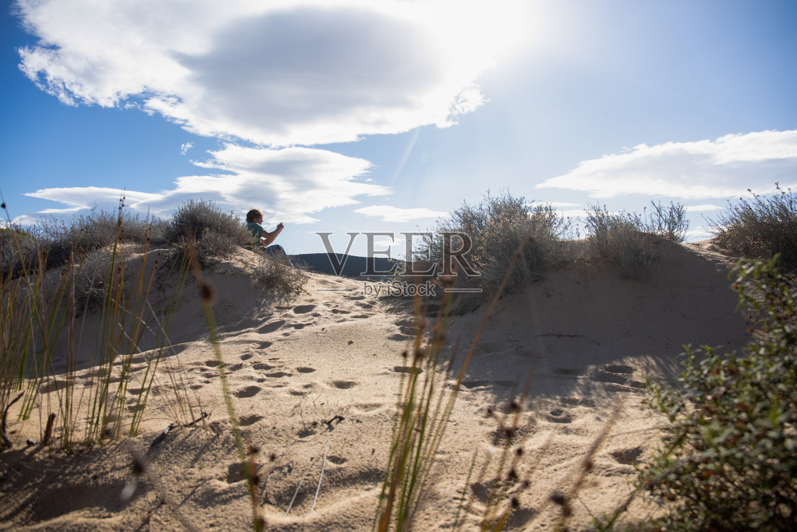 年轻人在海边玩手机照片摄影图片