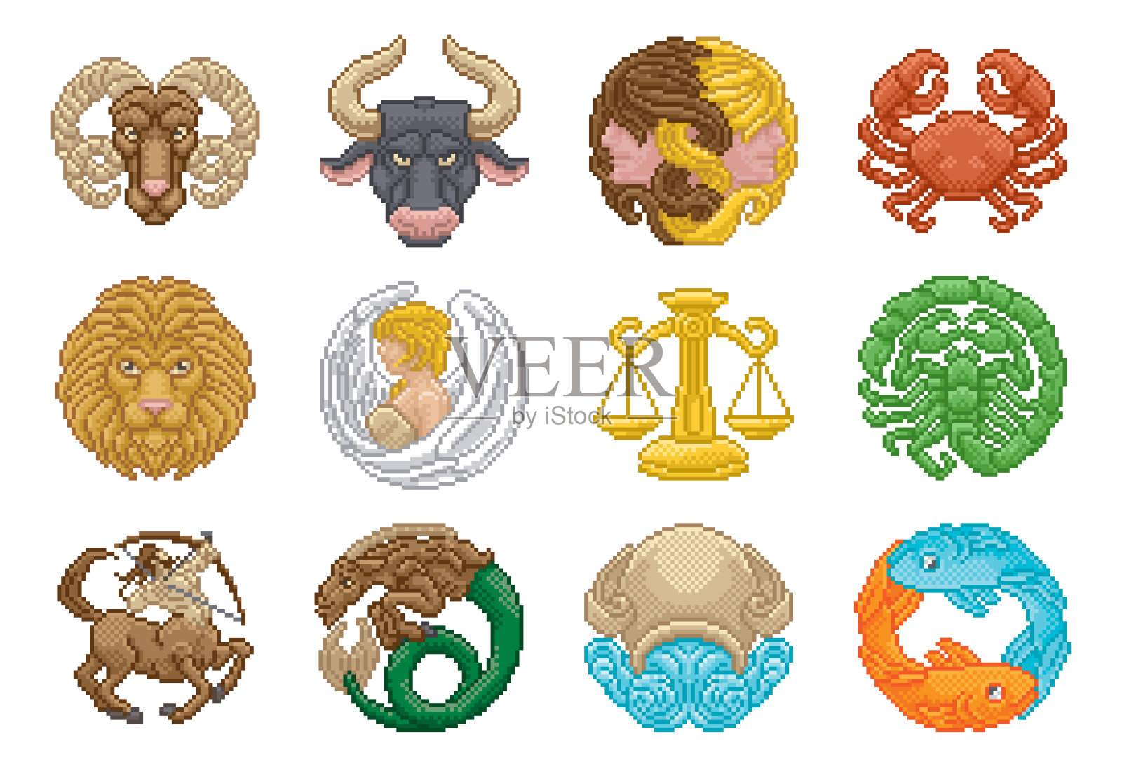 十二生肖星座像素艺术占星术星座插画图片素材