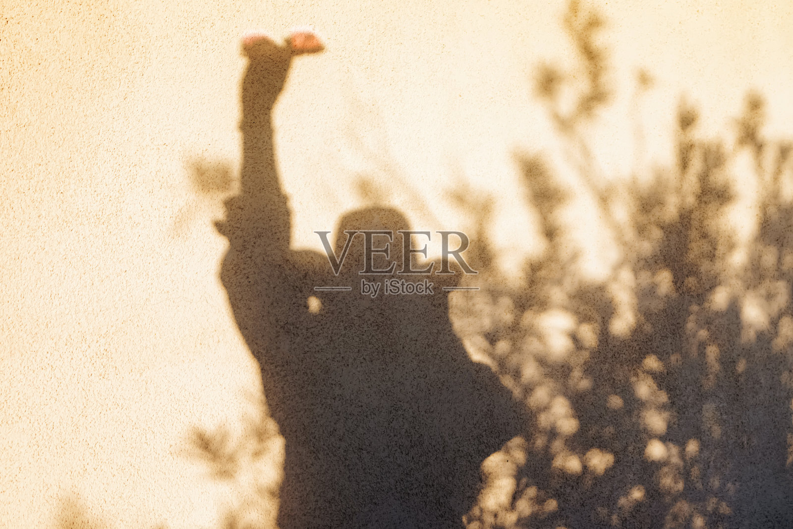 一个戴着帽子，拿着太阳镜的女人的影子在夕阳的照耀下倒映在墙上照片摄影图片