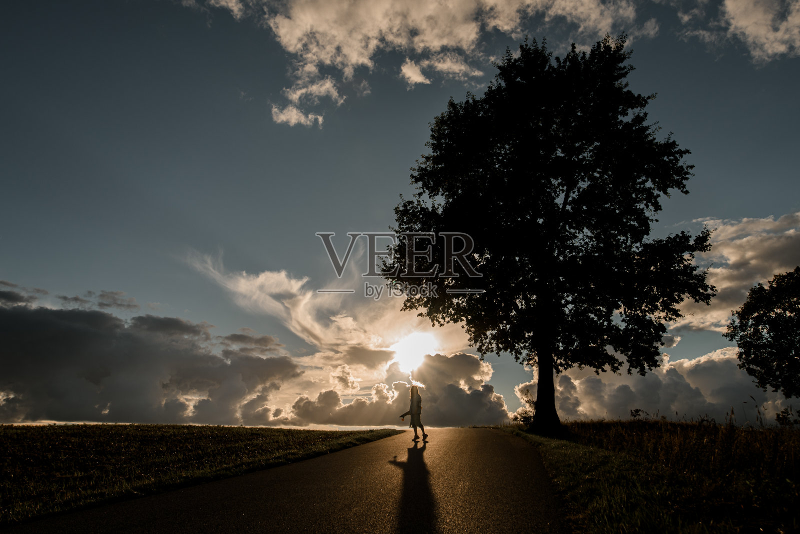 遥远的旅程。女孩在长板上在阳光下滑行。照片摄影图片