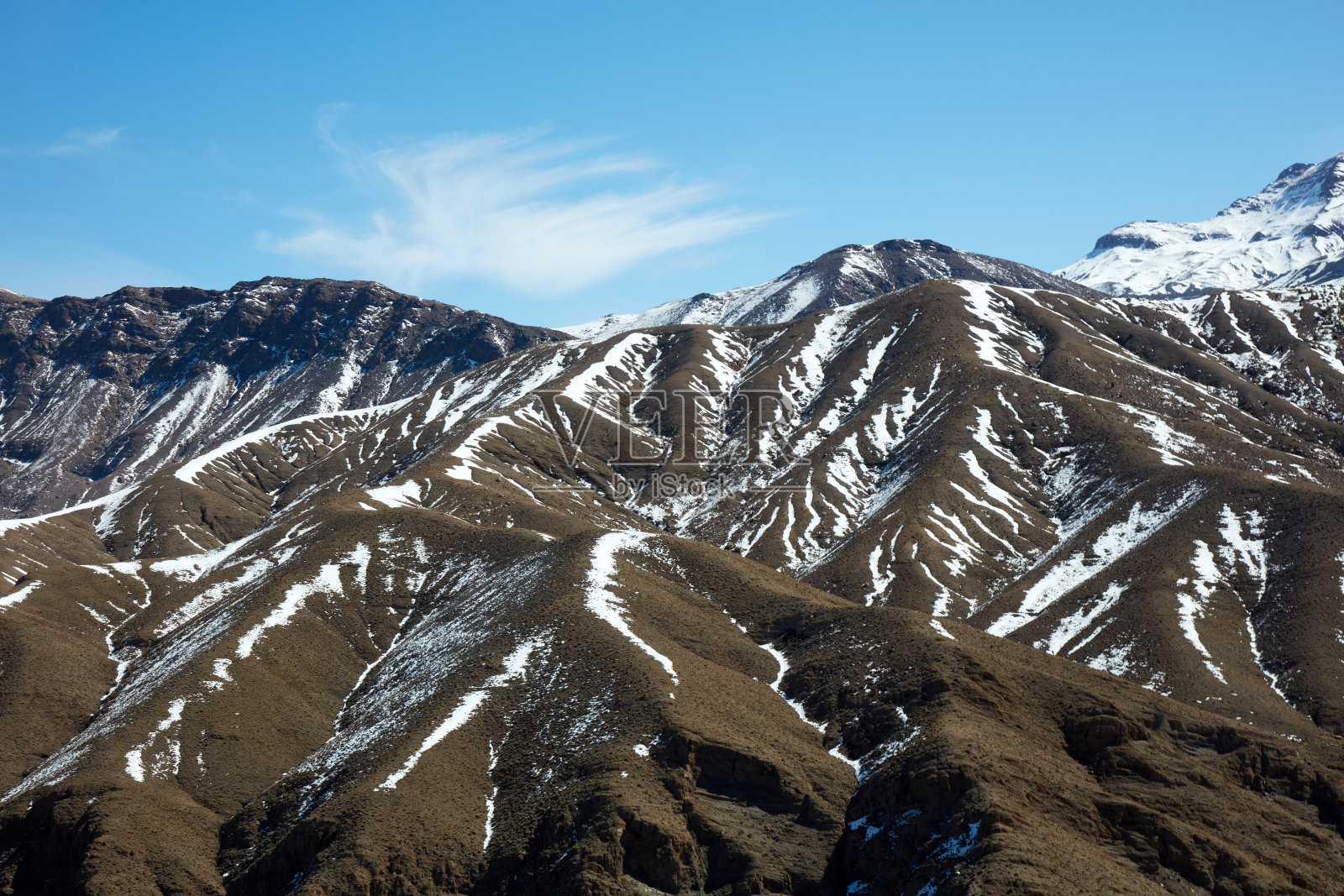 摩洛哥，高阿特拉斯山脉。山顶被雪覆盖。照片摄影图片