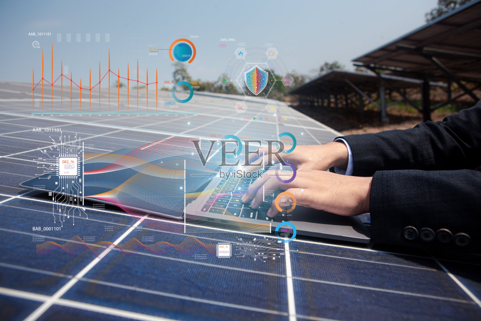 工程师或电工使用设备检查或维护家用或工业中使用的太阳能电池板。屏幕显示辐射温度和热能质量，可再生、绿色、清洁。照片摄影图片