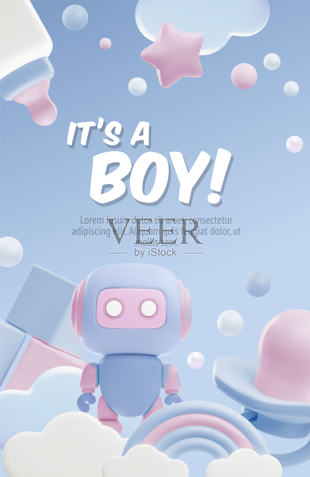 这是一个男孩3d风格的海报，矢量卡通蓝色垂直设计，机器人玩具新生儿配件插画图片素材