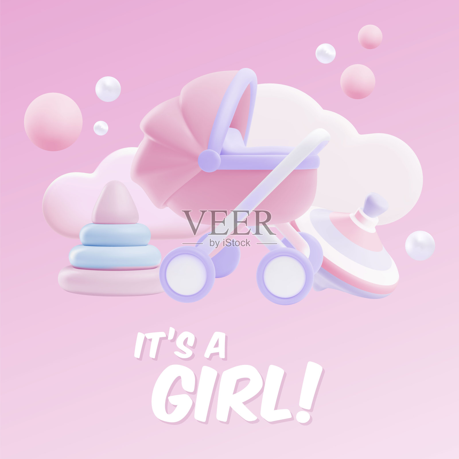 粉红色的婴儿沐浴卡，上面有婴儿车和玩具。插画图片素材