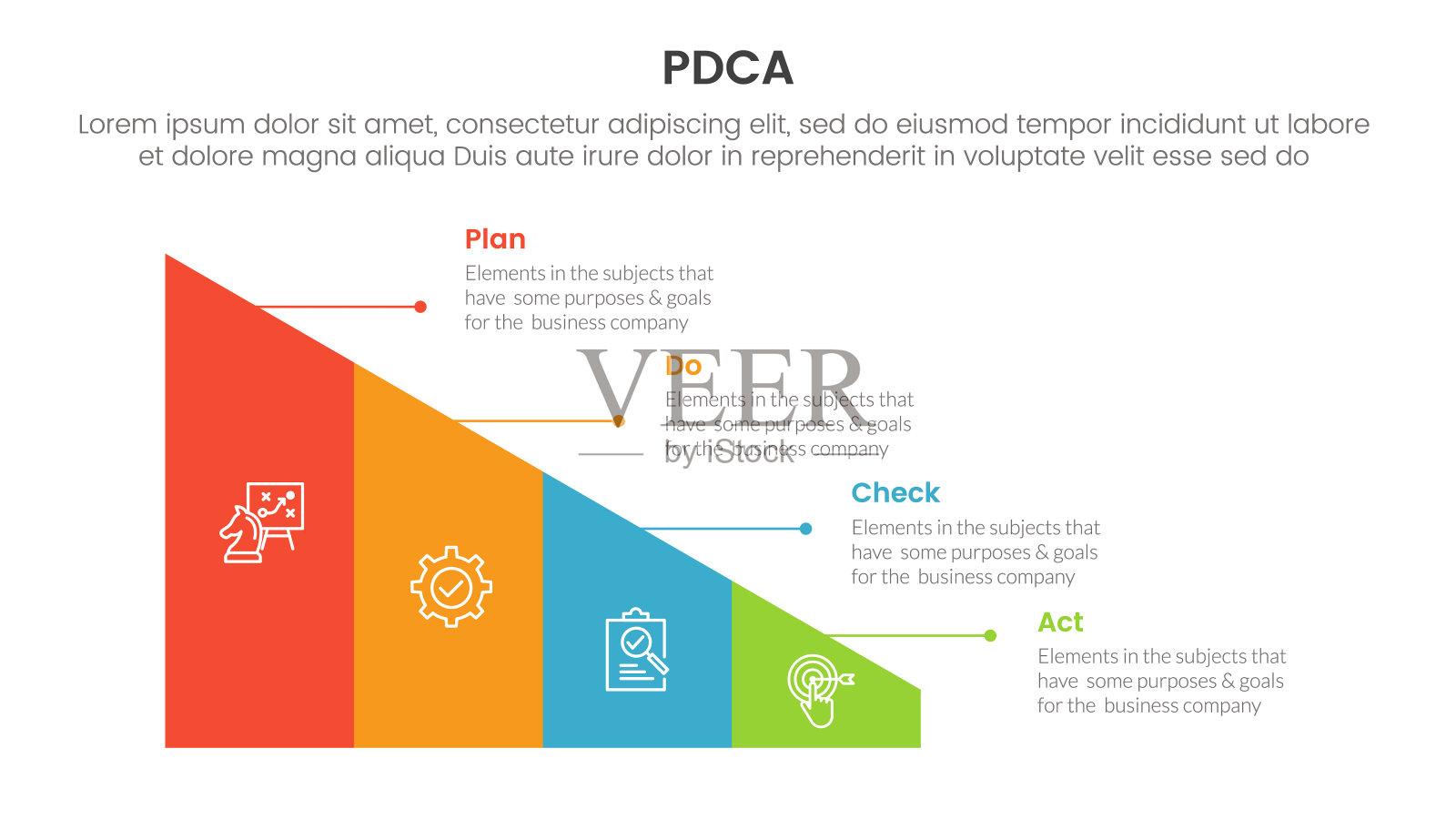 Pdca管理业务持续改进信息图4点阶段模板，三角形分割雪橇用于幻灯片演示插画图片素材
