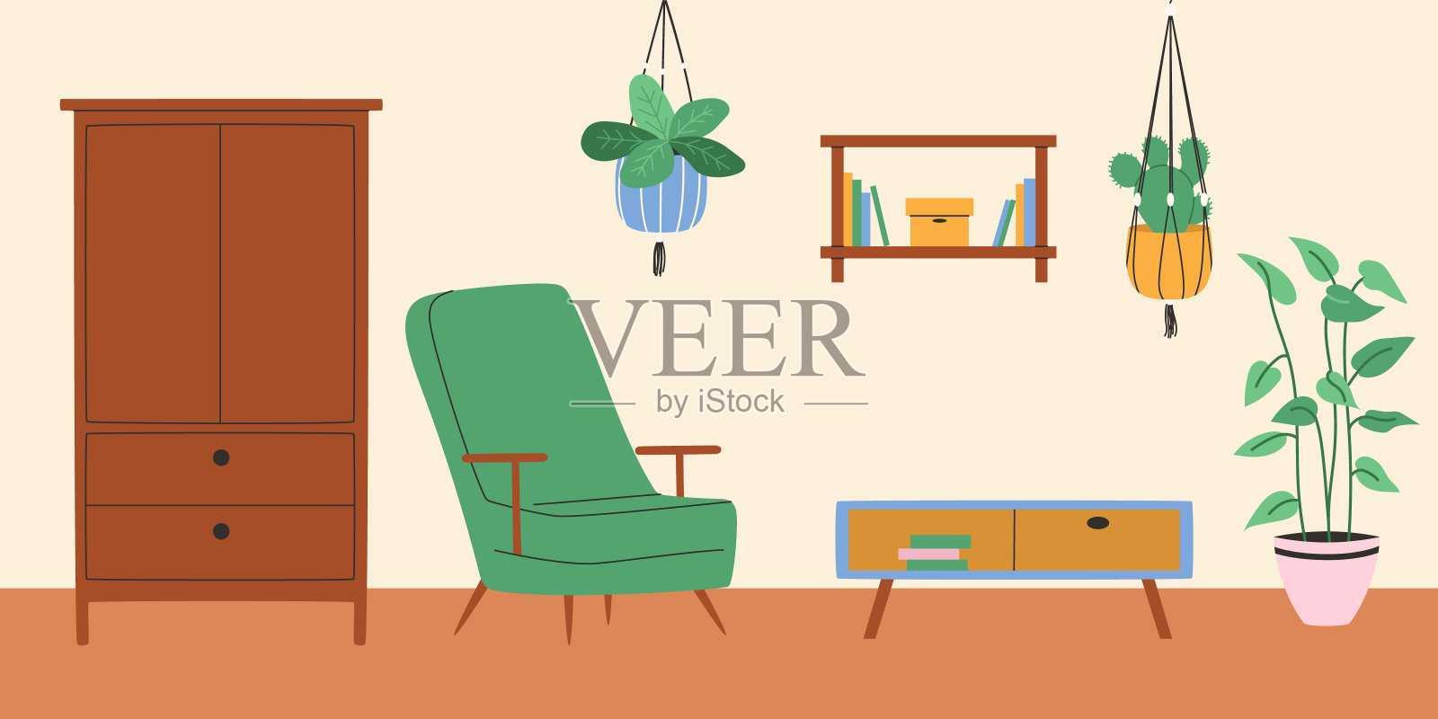 客厅有扶手椅和编结植物。矢量插图。插画图片素材