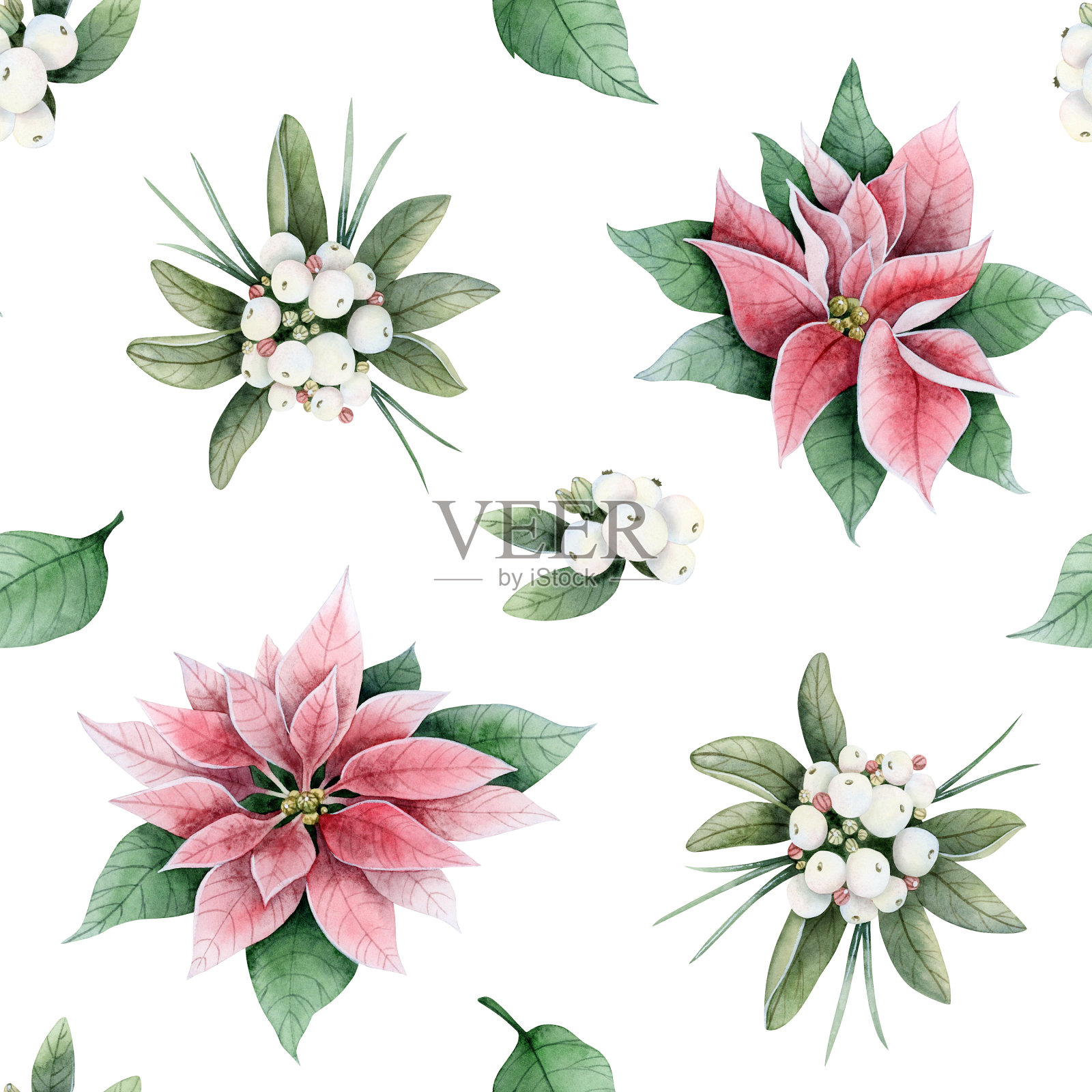 粉红色一品红圣诞花和雪莓浆果与绿叶水彩无缝图案上的白色。冬季假期花卉背景贺卡，节日横幅和桌子纺织品插画图片素材
