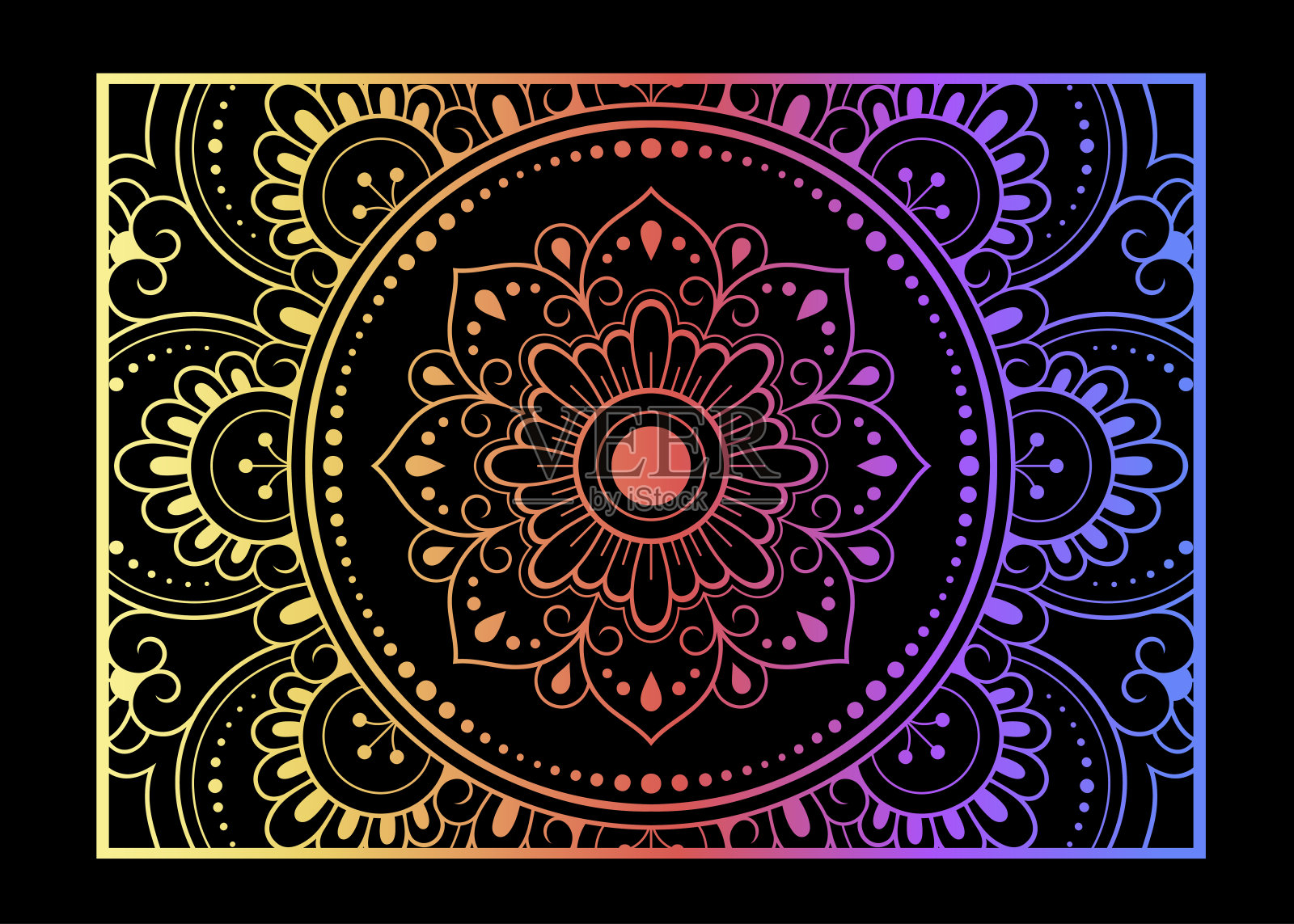 彩色装饰面板，圆形图案的曼陀罗形式与花装饰或印刷。具有东方民族风格的装饰饰品。黑色背景上的彩虹设计。插画图片素材