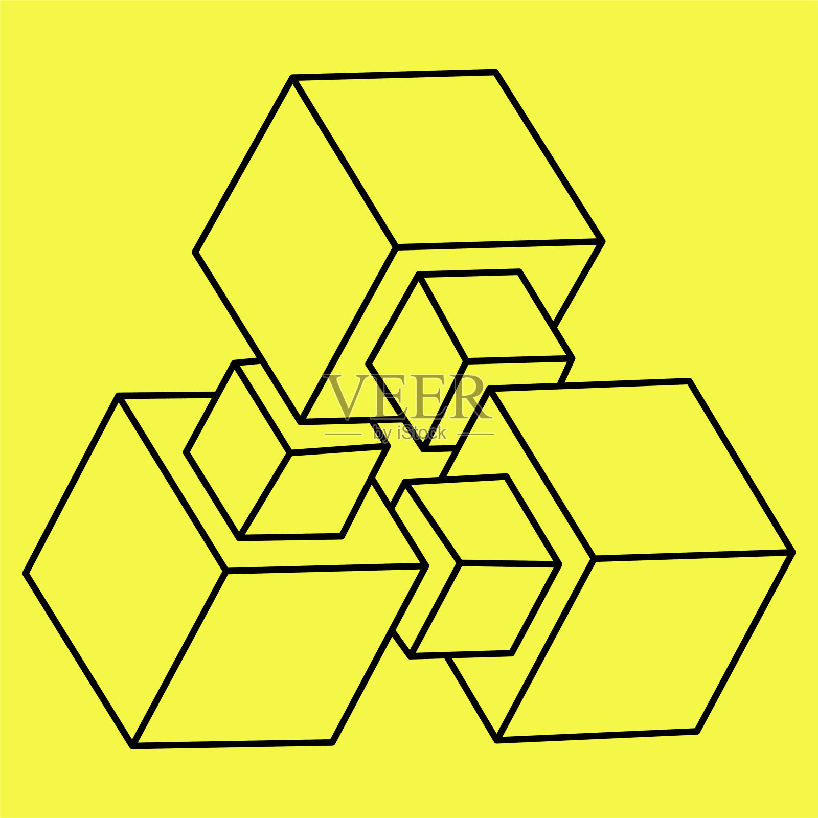 不可能的形状。神圣的几何图形。光学错觉。抽象永恒的几何对象。不可能无尽的轮廓。光的艺术。黄色背景上不可能的几何形状。插画图片素材