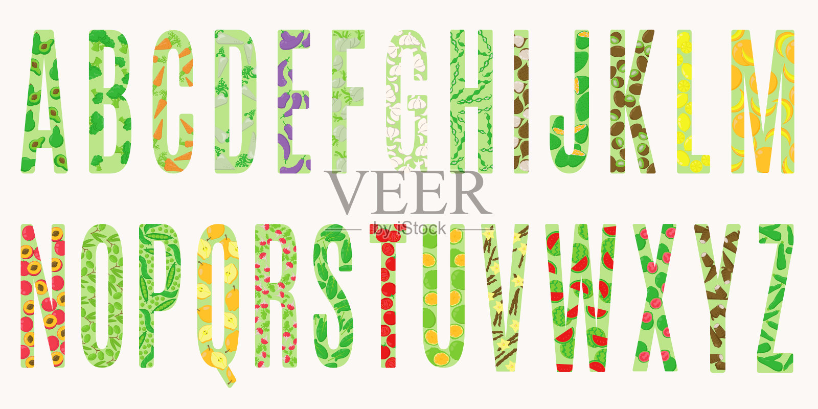 有水果和蔬菜图案的字母表，一套有可食用图案的字母，用于设计和创意插画图片素材
