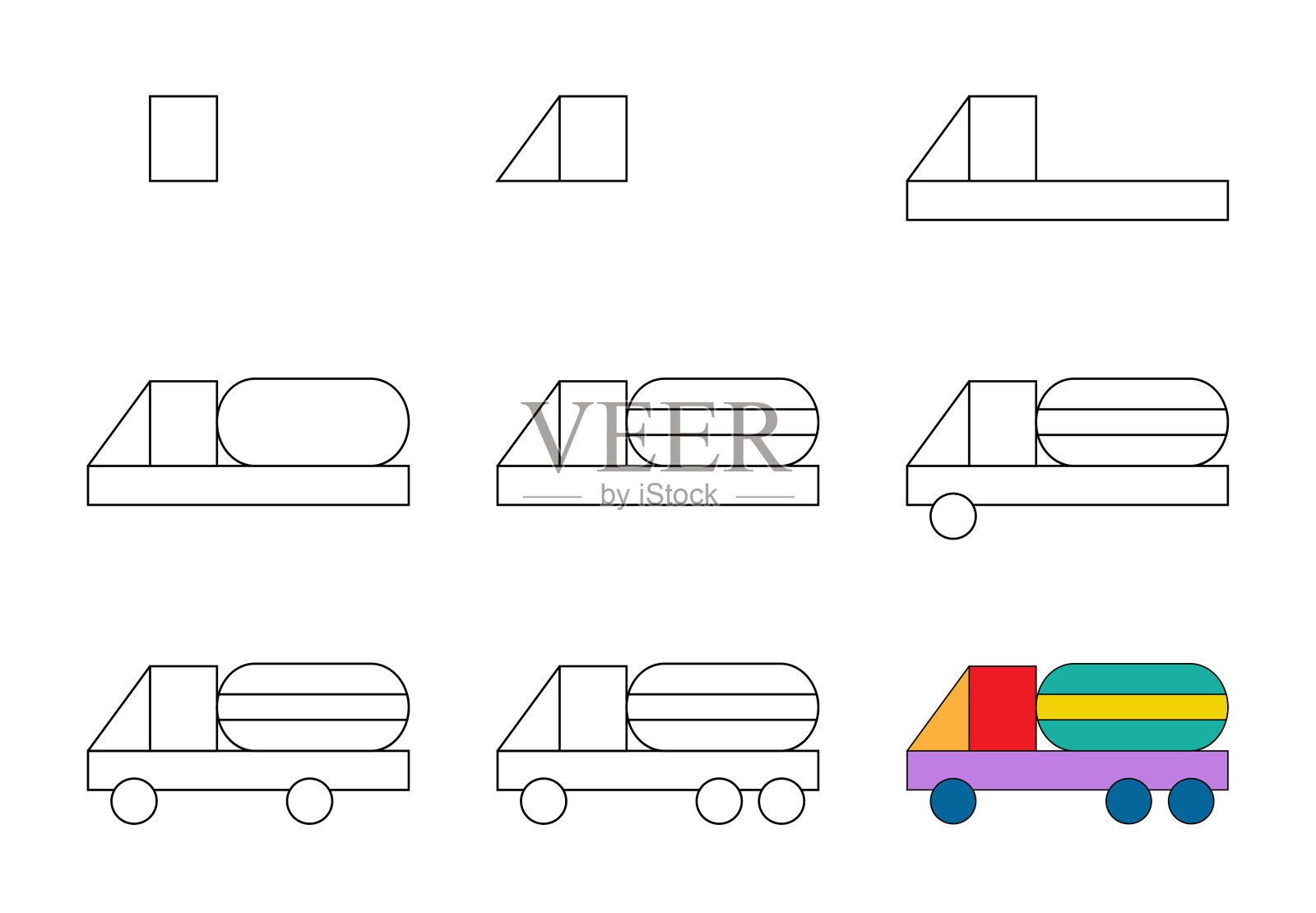 工作表简单指南绘制卡通卡车。插画图片素材