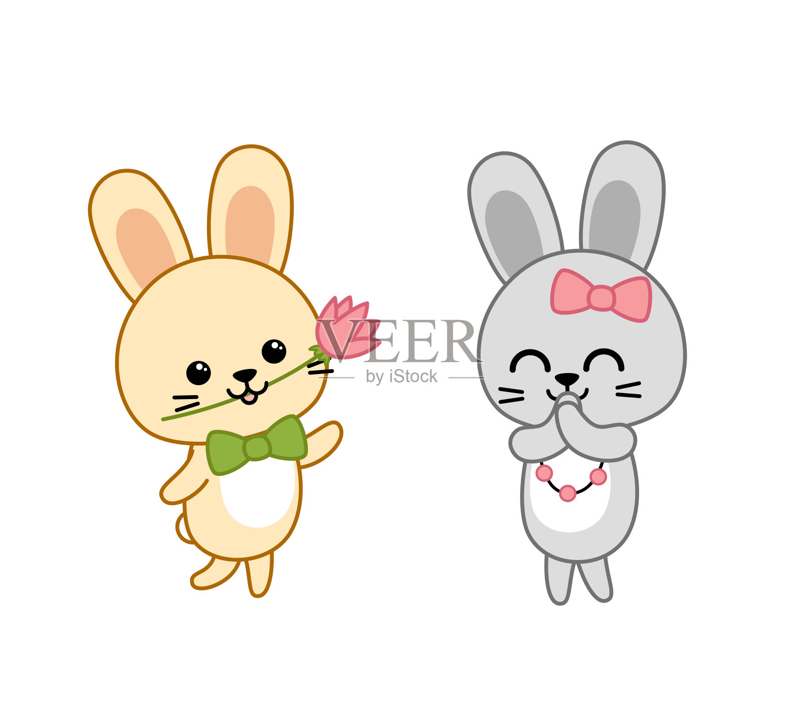 Сouple热恋中的小兔子。男孩兔子正在给笑着的女孩兔子送花。卡通、矢量插画图片素材