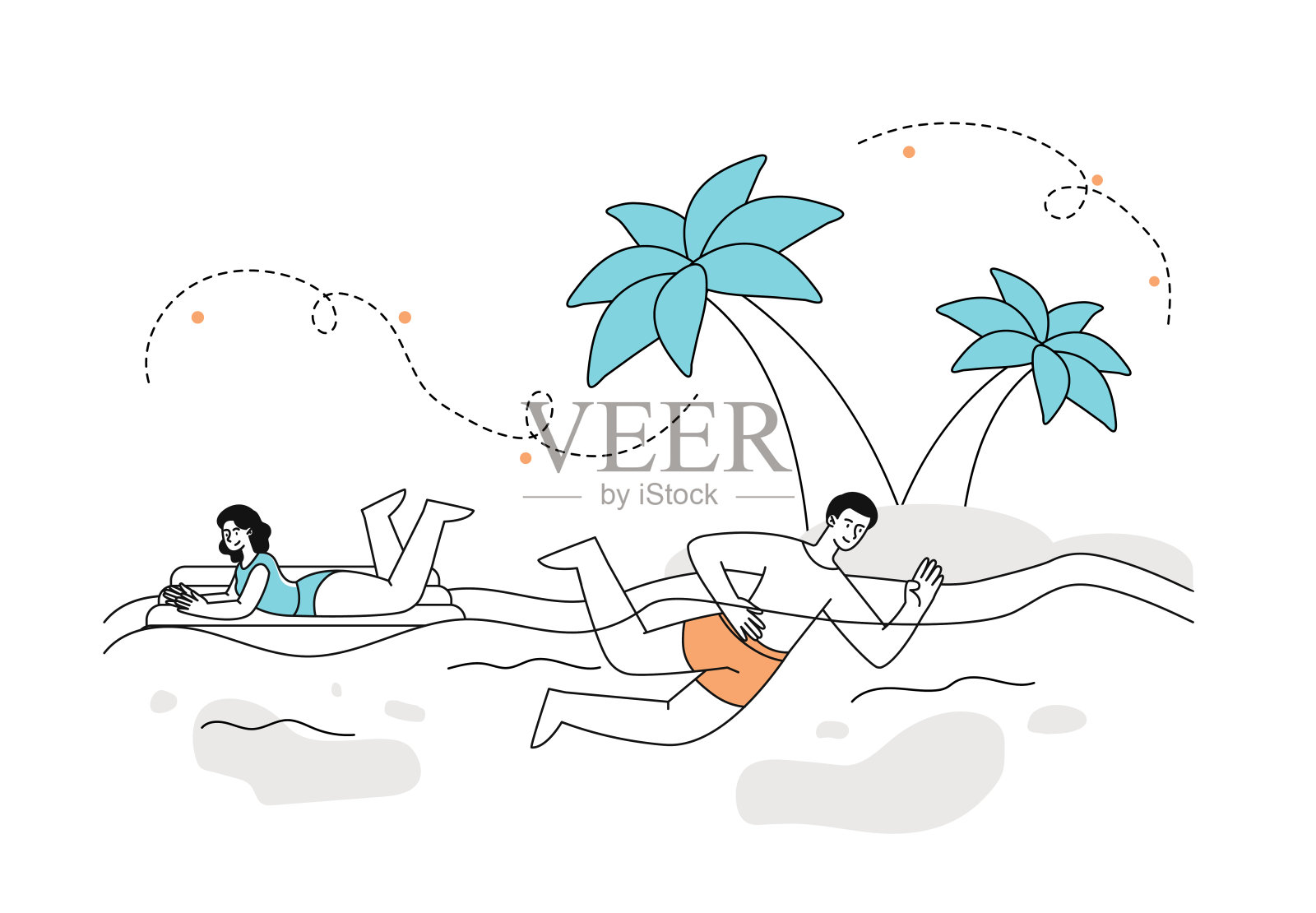 人在海里游泳矢量线性插画图片素材