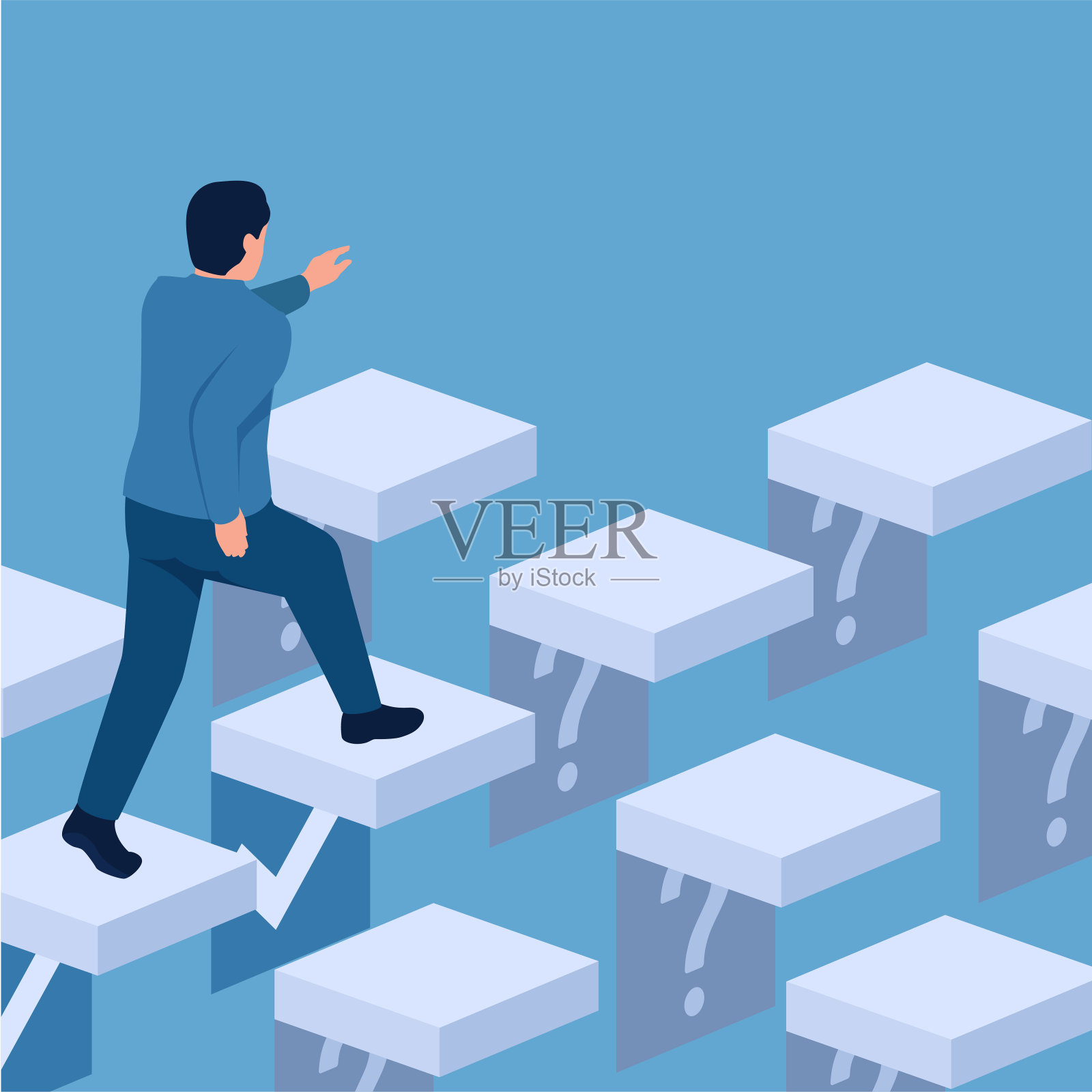 一名男子走过一个带有问号的方框，这是计划的例证。插画图片素材