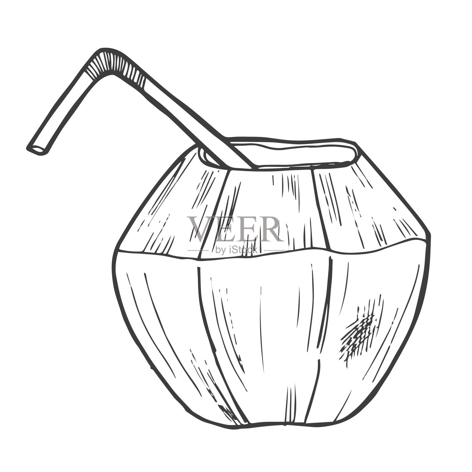 手绘椰子鸡尾酒孤立在一个白色的背景。涂鸦，简单的轮廓说明。插画图片素材