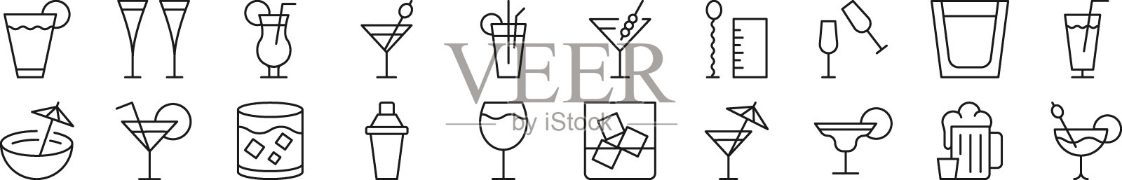 包装各种饮料的线性符号。可编辑的中风。线性符号用于网站，报纸，文章书籍插画图片素材