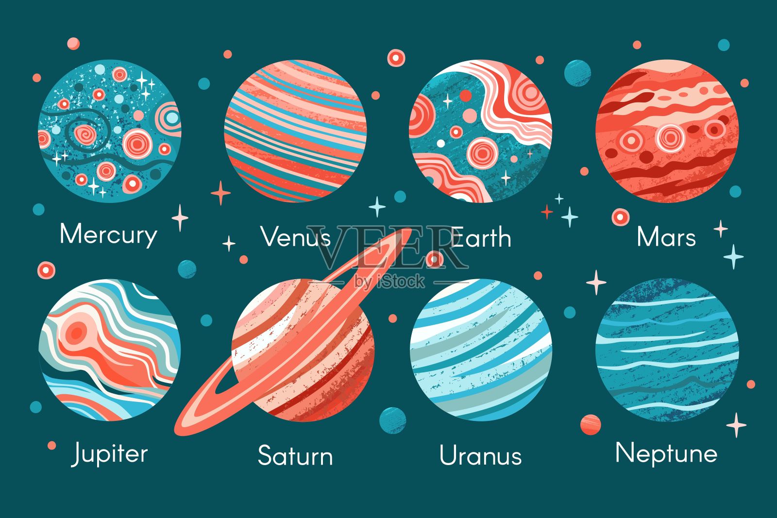 太阳系的八颗行星，以红色和蓝色的抽象风格，在黑暗的宇宙背景上，有恒星，卫星，行星的名字。插画图片素材