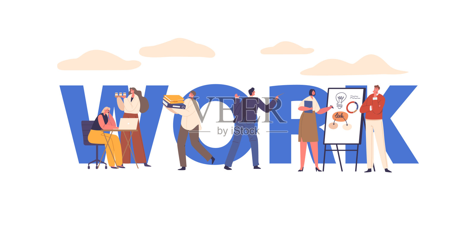 人们在办公室工作的概念。人物合作，参加会议，并使用计算机来完成任务插画图片素材