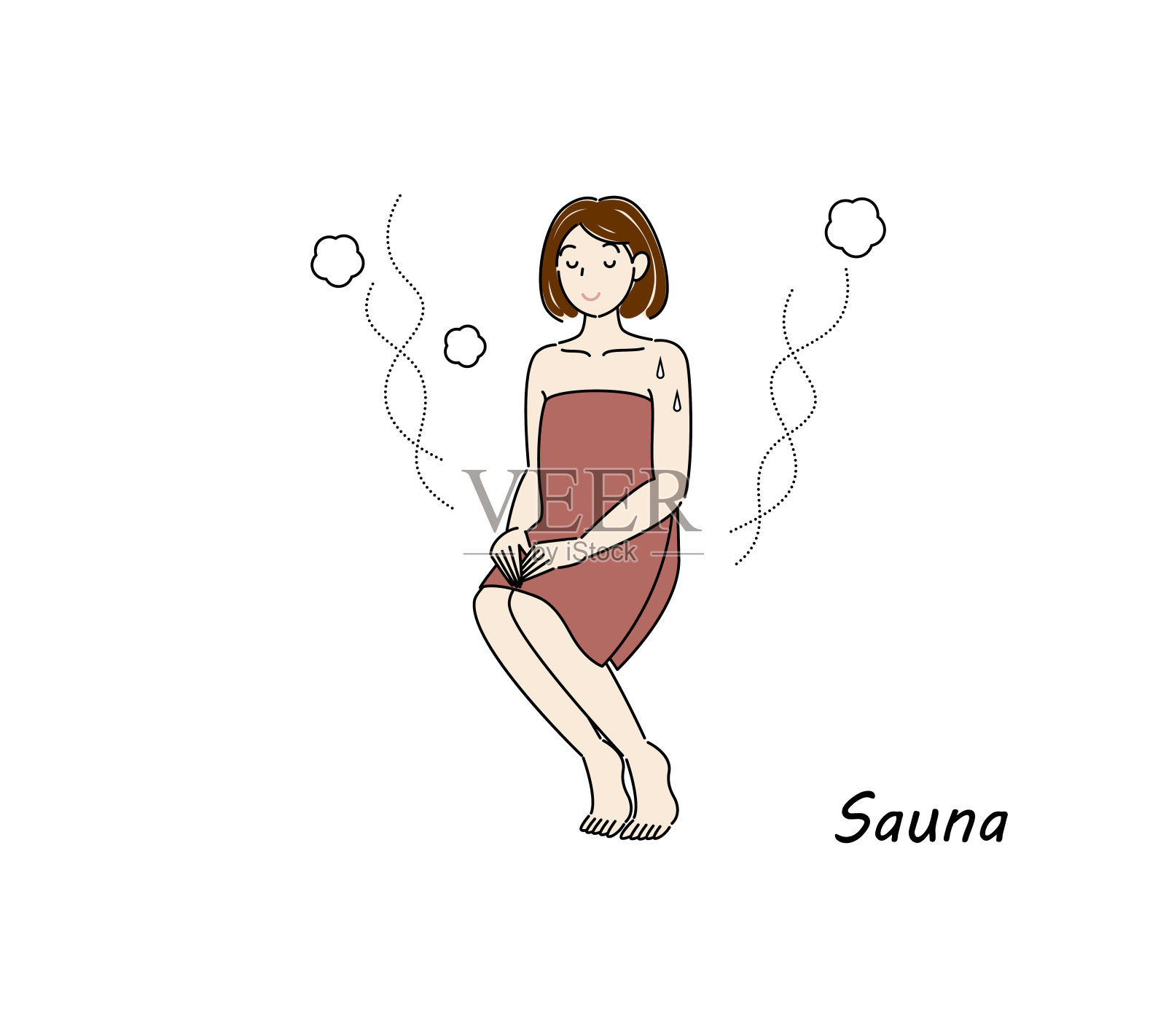 在桑拿浴室洗完冷水浴后，一个可爱的女人走到休息区，在新鲜空气中给自己降温。桑拿的女孩。简单的插图矢量。插画图片素材