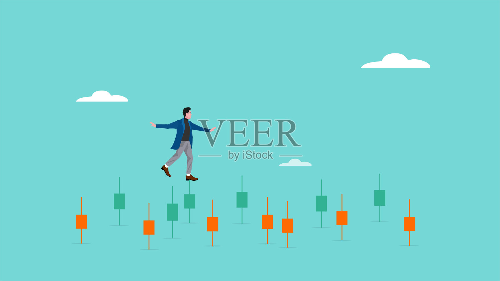 导航股票市场波动，金融投资波动，识别股票市场或加密货币市场风险，商人投资者仔细走过投资条形图插画图片素材