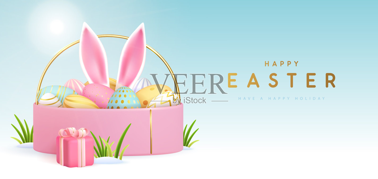 快乐的复活节假期背景与礼盒，篮子，鸡蛋和兔子耳朵里面。矢量图插画图片素材