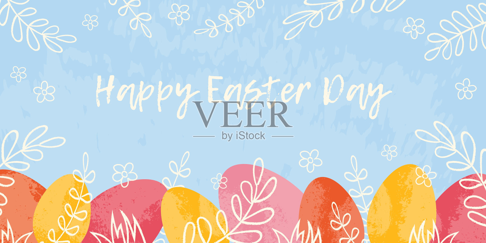 庆祝背景手绘白色轮廓的树枝，五颜六色的鸡蛋和排版复活节快乐。蓝色背景上的平面矢量grunge纹理插图插画图片素材