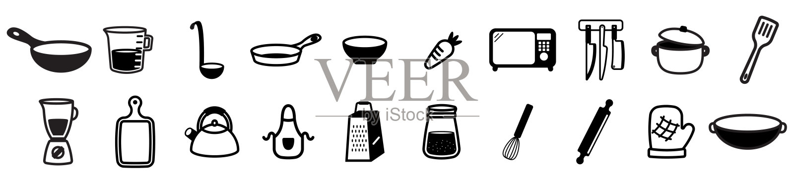厨房套装图标，炊具器具符号轮廓，简易图标插画图片素材