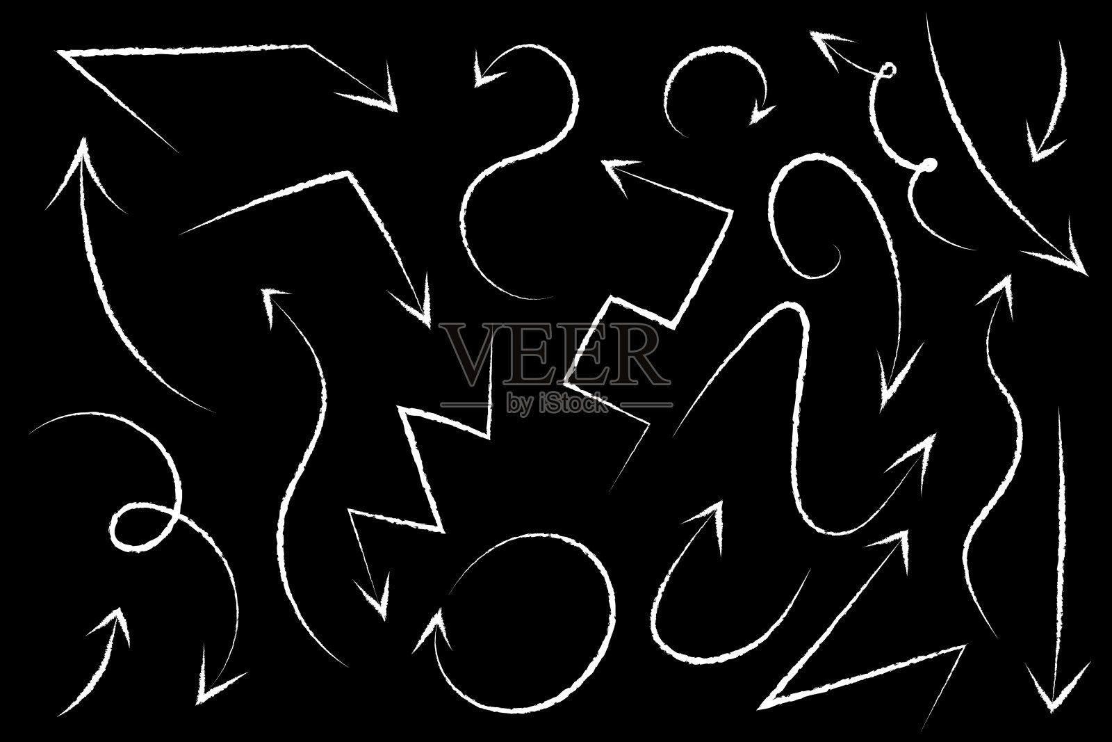 用粉笔黑板画的一组箭头。不同类型的暗色背景标志-之字形，波浪，转弯。方向插画图片素材