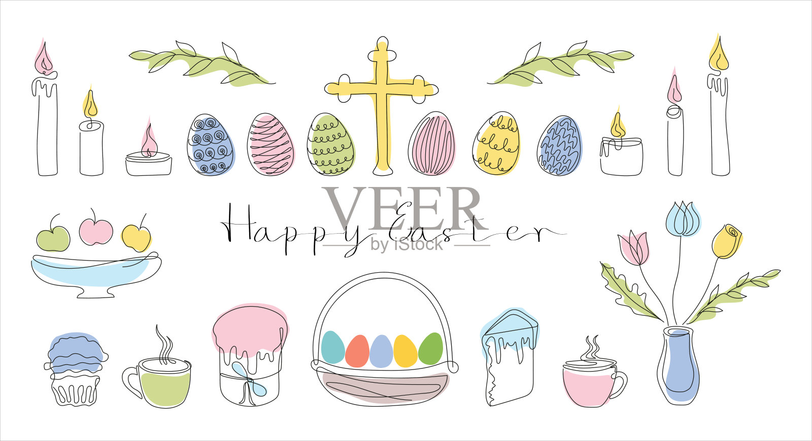 复活节设置在连续一行风格的设计元素，如复活节蛋糕，鸡蛋，蜡烛，十字架，马克杯，鲜花，纸杯蛋糕。白色的彩色矢量。剪纸艺术。复活节贺卡，祝福复活节快乐。插画图片素材