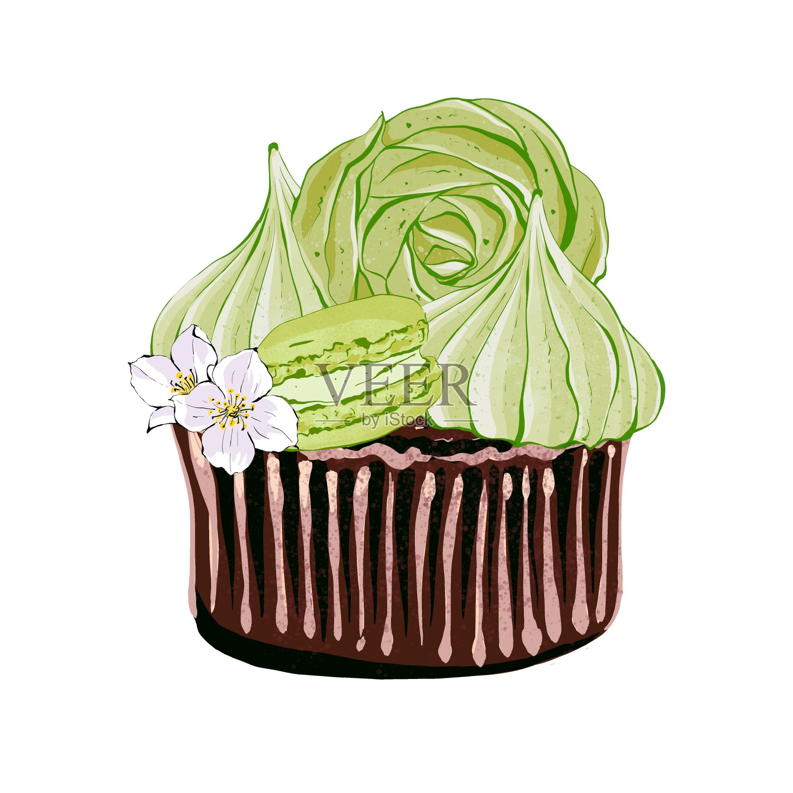 奶油节日纸杯蛋糕。现实的风格。手绘插图孤立在白色背景。图形元素的糕点店，咖啡馆和酒吧菜单插画图片素材