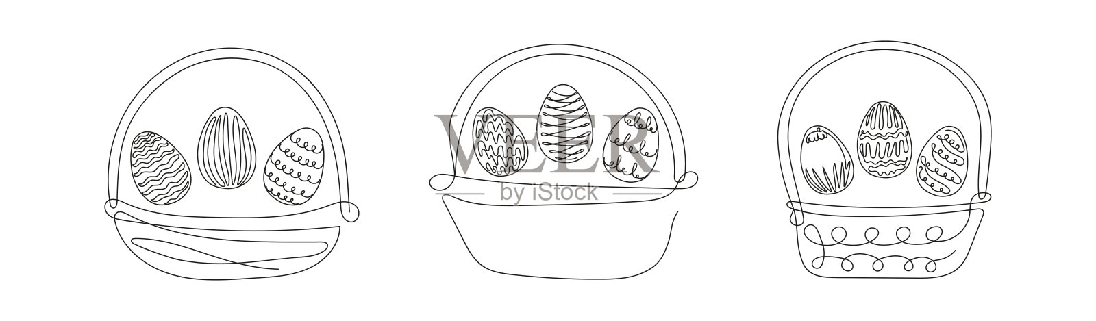 一套带有复活节彩蛋的柳条篮子。连续单线绘制。黑色矢量隔离在白色背景。节日装饰。为复活节促销，贺卡，节日邀请。插画图片素材