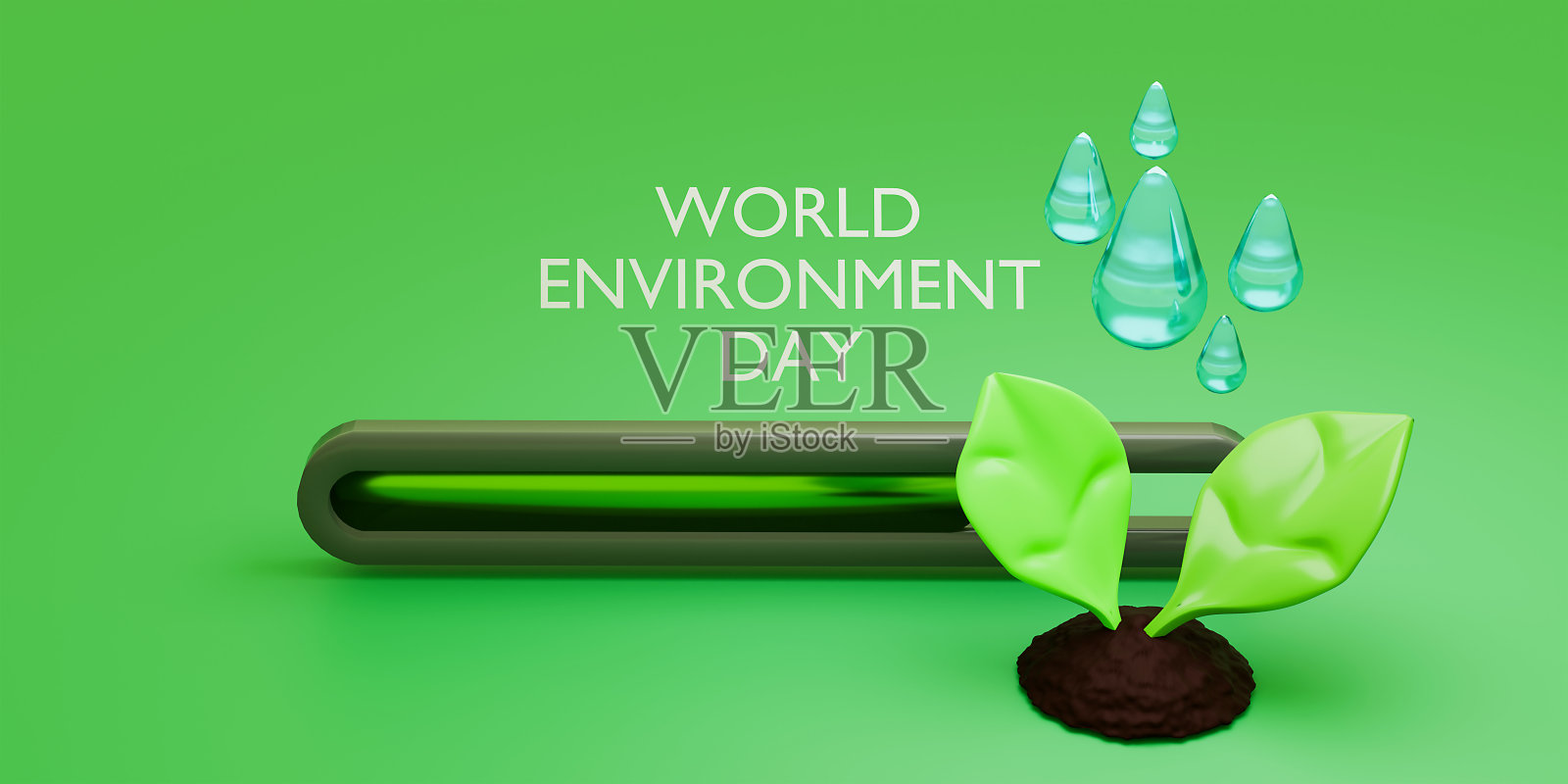 世界环境日-三维抽象水滴概念。以剪纸水滴和绿叶为背景的节水生态概念。3 d渲染。照片摄影图片