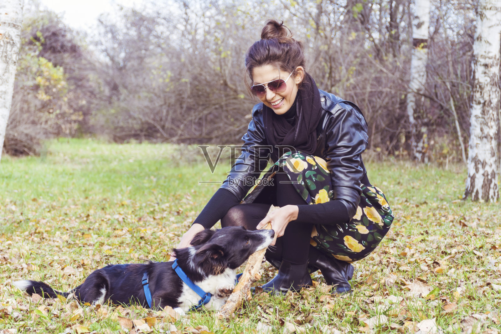 快乐的女人在秋天和她收养的狗玩耍照片摄影图片