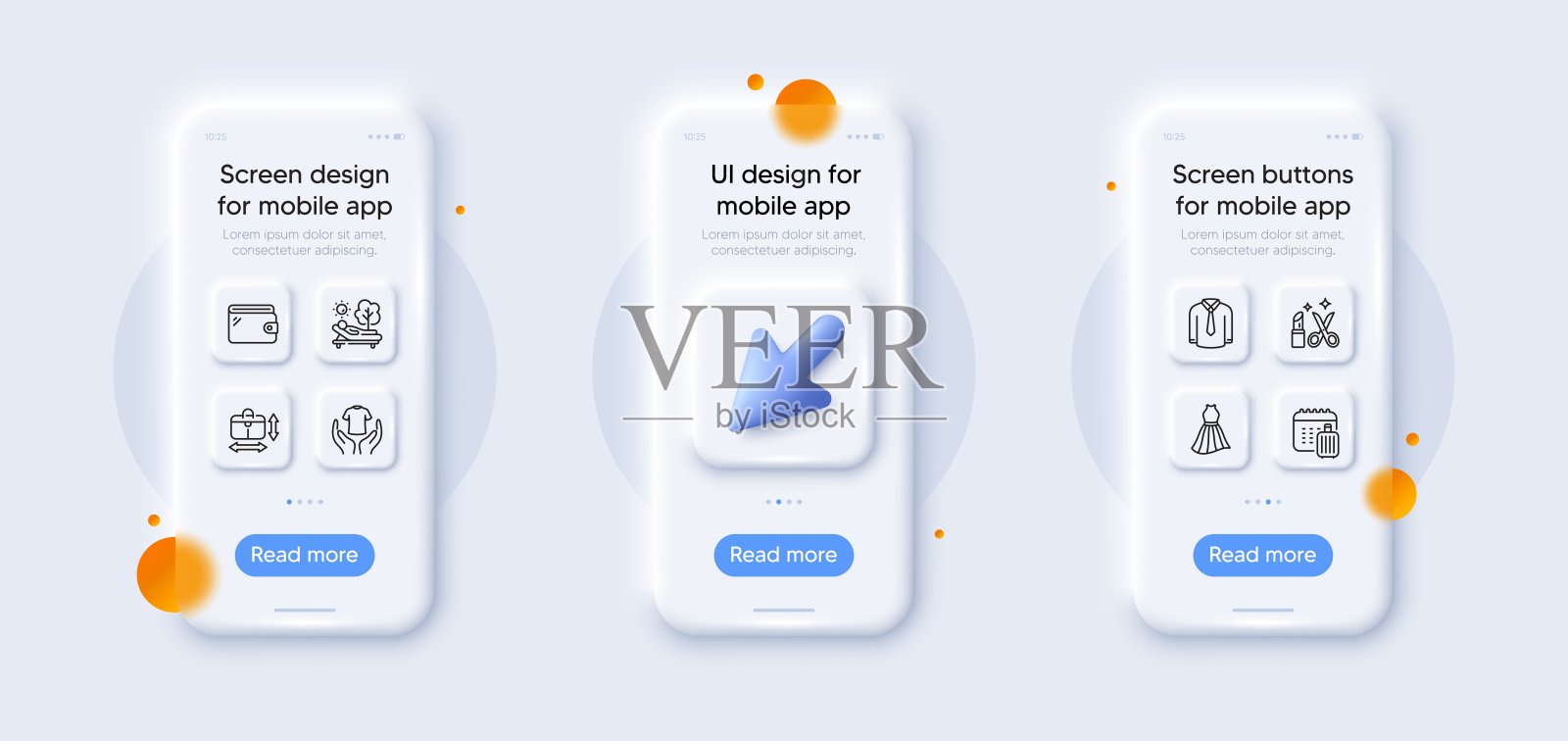 手袋大小，钱包和美容线图标包。用于web应用程序。3d手机模型。向量插画图片素材