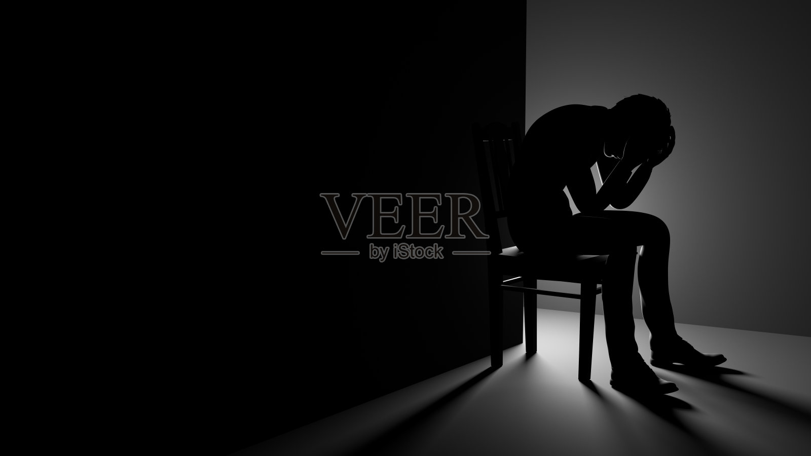 3D男人坐在黑暗房间的椅子上照片摄影图片