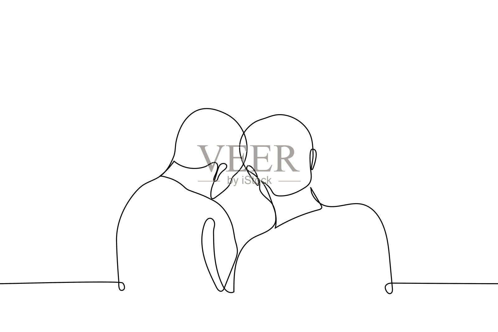 两个男人好奇地低下头看什么东西——一条线画矢量。概念朋友或同事一起观察或解决问题插画图片素材