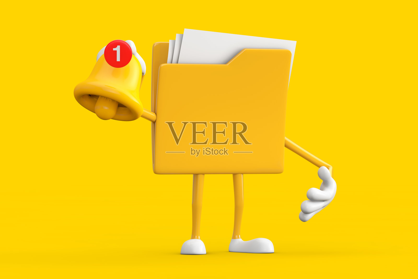 黄色文件夹图标卡通人物吉祥物卡通社交媒体通知钟和新消息图标。3d渲染照片摄影图片