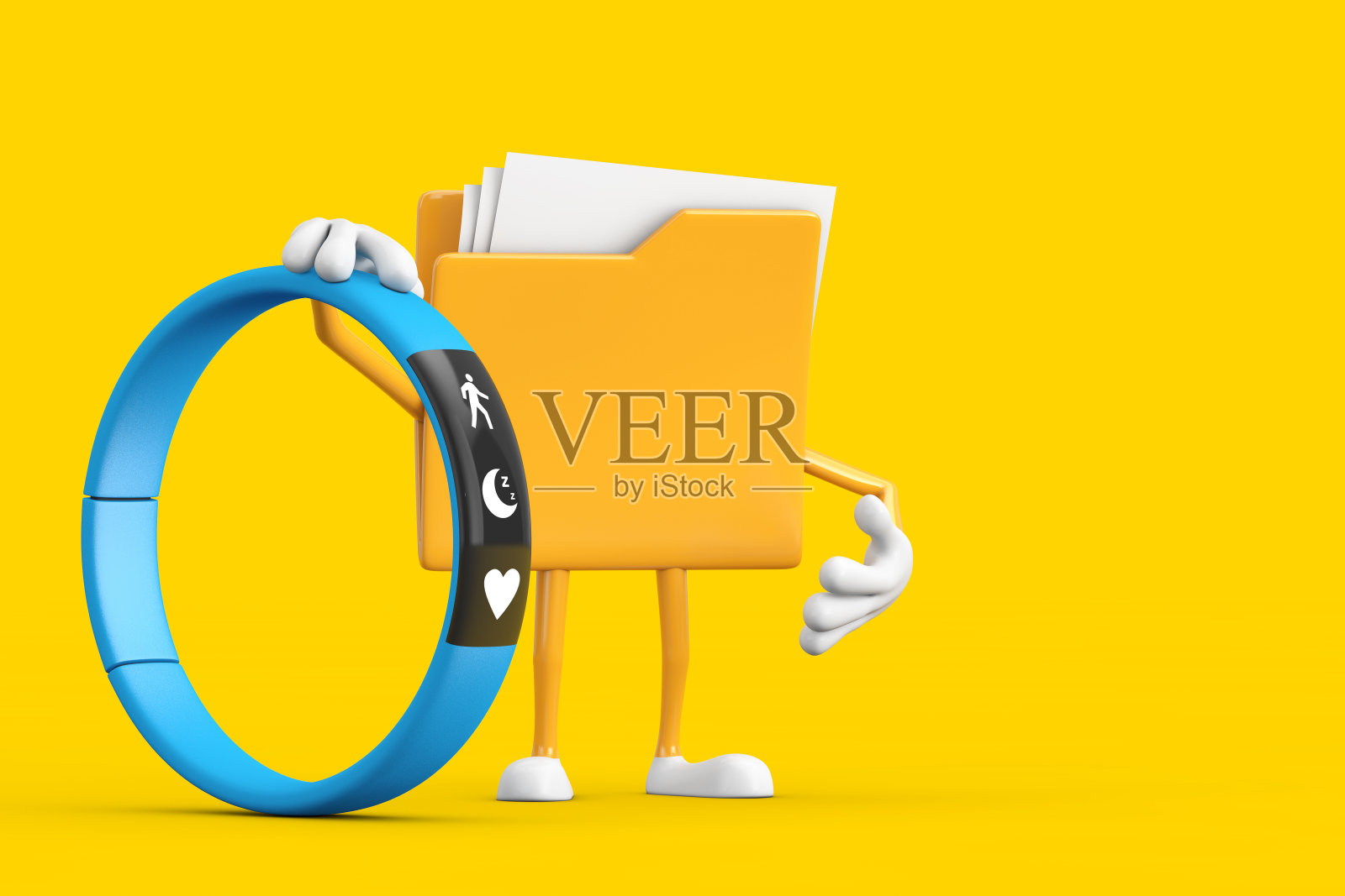 黄色文件夹图标卡通人物吉祥物与蓝色健身追踪器。3d渲染照片摄影图片