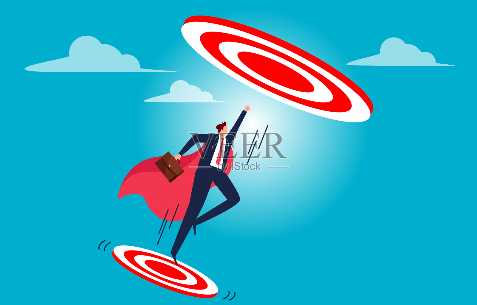 更大的目标和抱负，更大的成就，商人们在小目标上跳跃，在空中击中更大的目标插画图片素材