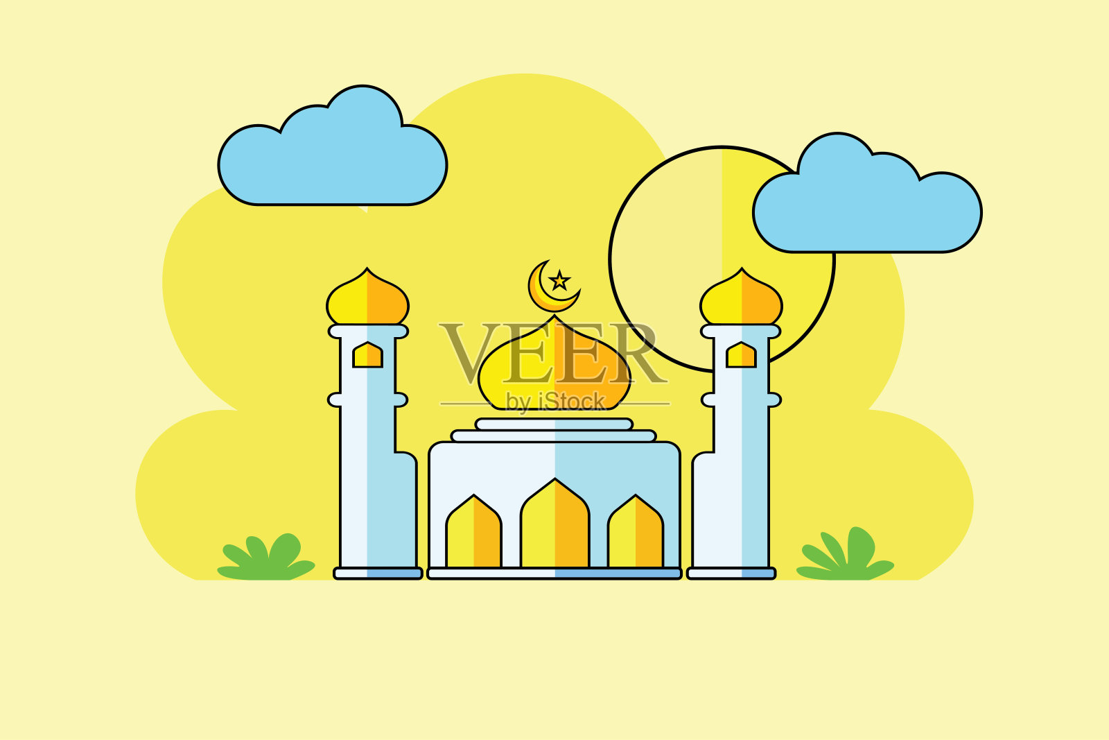 斋月卡里姆(Ramadan Kareem)，以清真寺、新月、星星的几何图形为特色插画图片素材