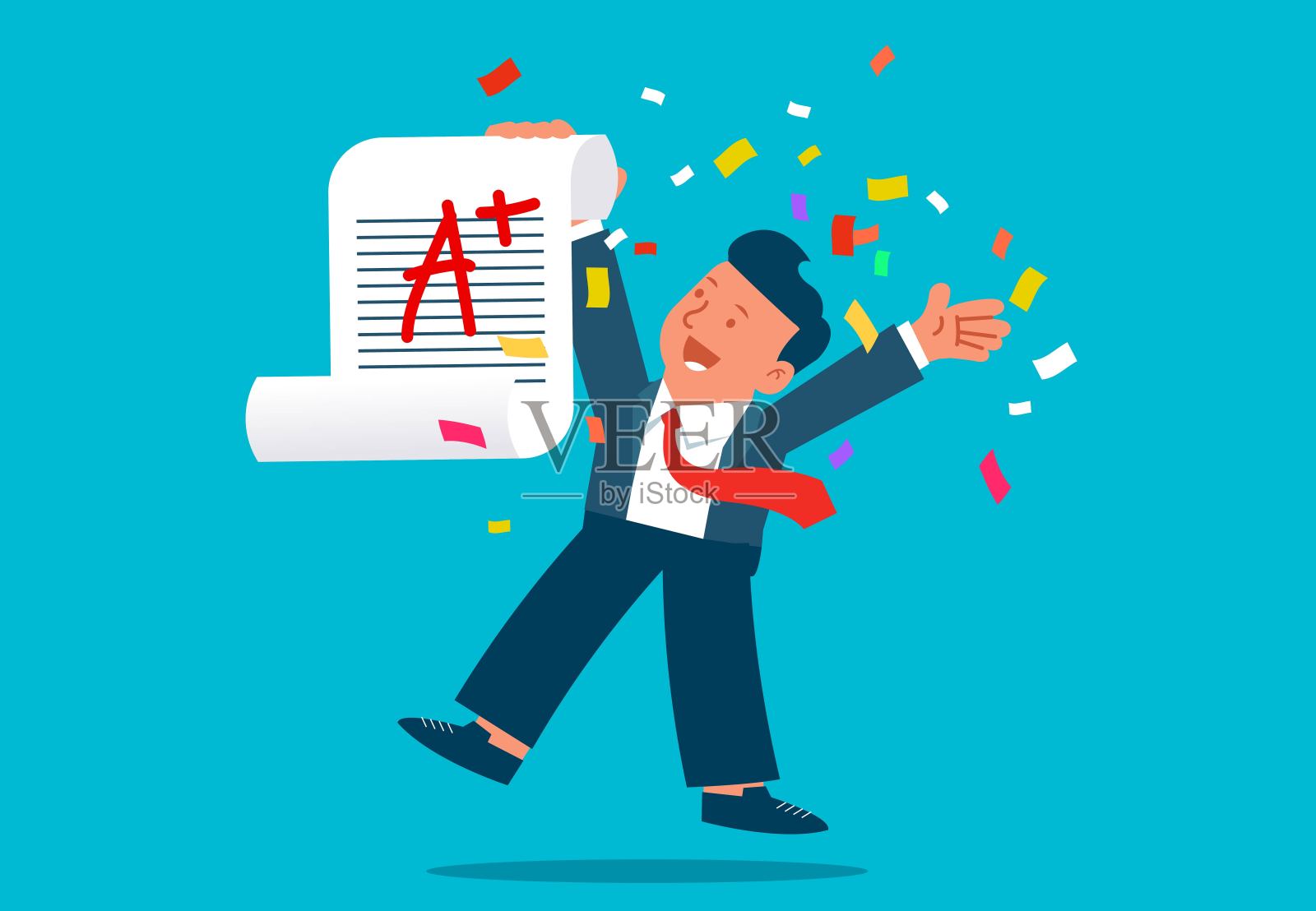 表现最好的人得分最高，表现最好的人，快乐的商人，拿着A+的试卷跳上跳下插画图片素材