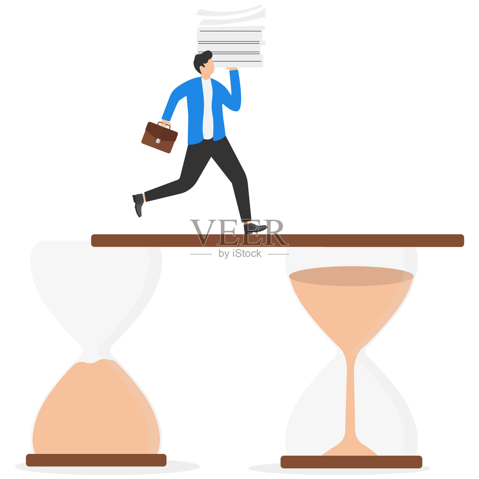 灵活的工作时间，根据工作量调整时间，时间管理高效的生产力理念。巨型老板为过度工作的员工提供新的工作时间沙漏。插画图片素材