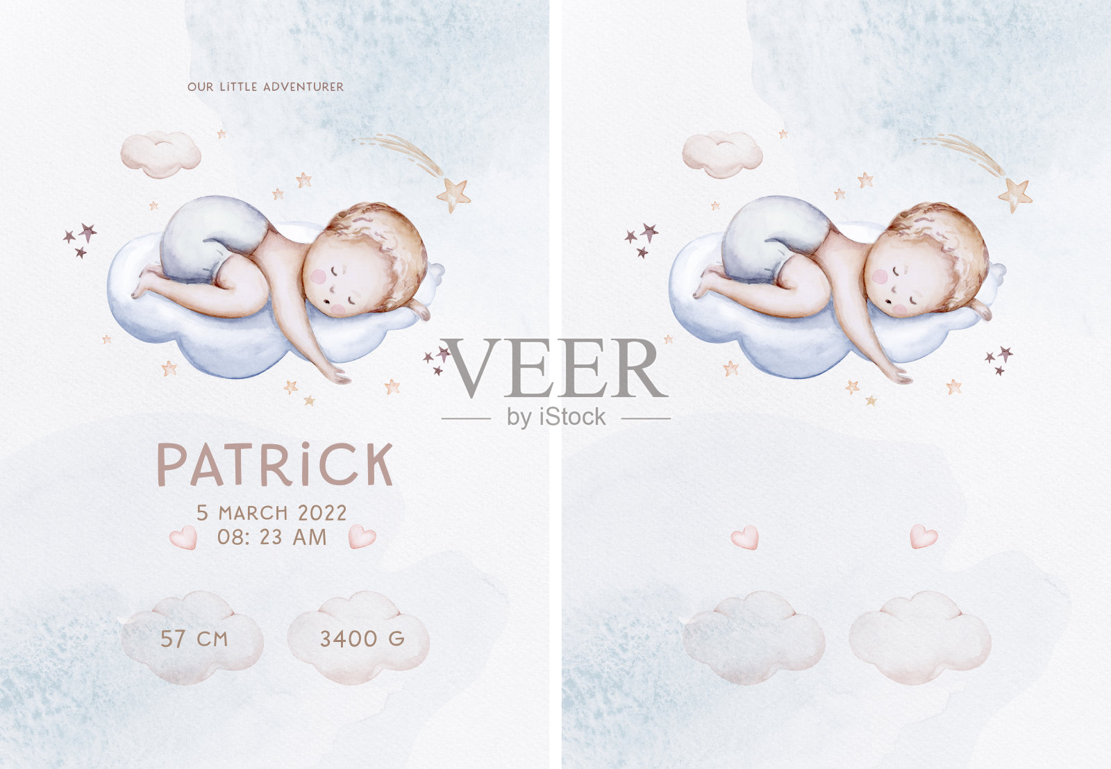 水彩画新生儿沐浴贺卡与婴儿男孩。生日贺卡与文字空间的新出生的婴儿和前大妇女的邀请。插画图片素材